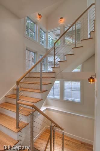 White oak stair with stainless cable rails